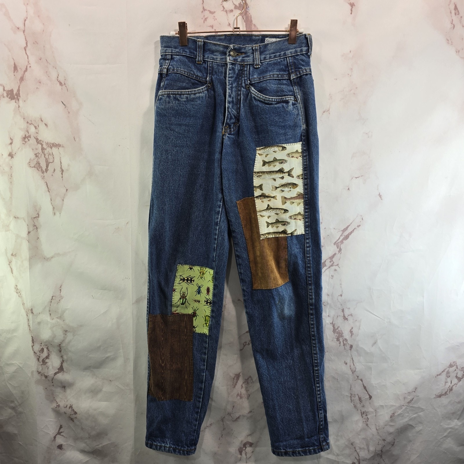 Vintage Patchwork Jeans Women 26 X 29 80s 90s High Rise Tapered Mom Bug Fish